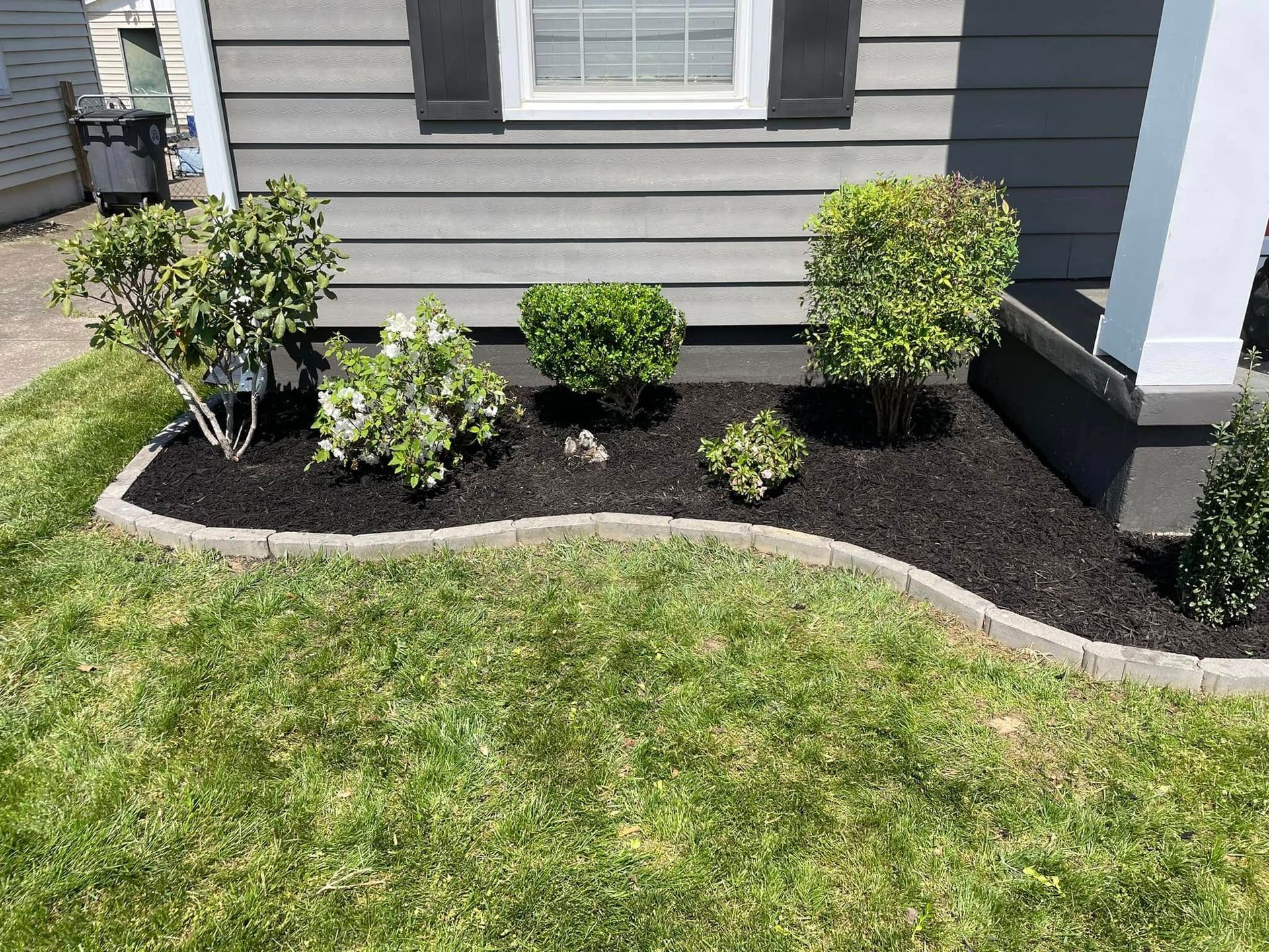 A manicured flower bed with green shrubs, black mulch, and gray edging sits in front of a gray house with green grass.