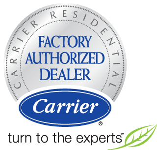 Carrier Factory Authorized Dealer badge with blue oval logo and text
