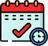 Calendar with red checkmark, clock icon, representing schedule or appointment.