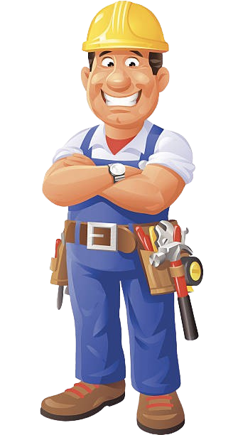 Smiling construction worker with arms crossed, wearing a yellow hard hat and tool belt.