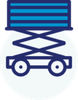 A blue and white icon of a scissor lift on wheels.