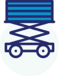 A blue and white icon of a scissor lift on wheels.