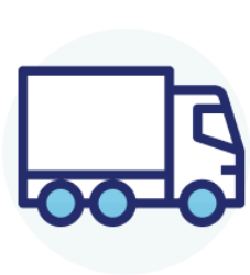 A blue and white icon of a delivery truck on a white background.