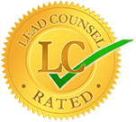 A gold seal that says lead counsel rated with a green check mark.