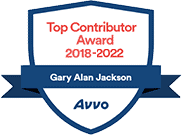 A shield with a blue ribbon that says top contributor award 2018-2022 Gary Alan Jackson AVVO.