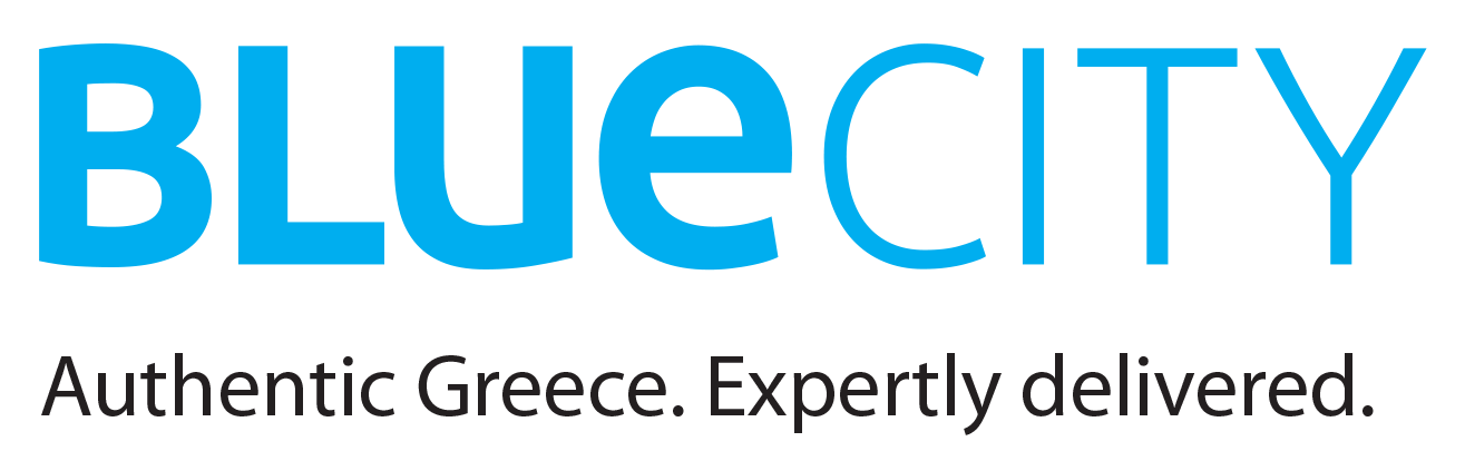 "BLUECITY" logo in light blue, with the tagline "Authentic Greece. Expertly delivered." in black text underneath.