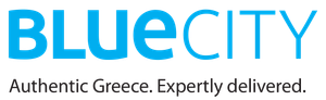 "BLUECITY" logo in light blue, with the tagline "Authentic Greece. Expertly delivered." in black text underneath.