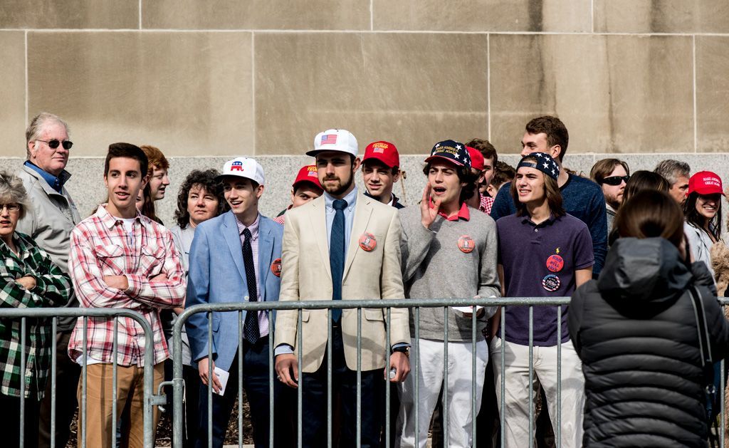 These are Trump supports who came out for the first Trump event in 2016 held at the then Peabody Opera House (now Stifel Theatre) in downtown St. Louis. Those attending did not match the attendance count released by the Trump Campaign for the indoor rally. Those in line to enter the event jeered at those attending the anti-Trump protest held outside of the venue. Photographed March 11, 2016. 