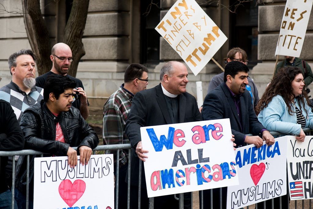 A small segment of the anti-Trump protesters assembling to demonstrate their opposition to a Trump presidency, carried signs and chanted themes that remain today as the anti-Trump stance has not changed, except to become more intense. Photographed March 11, 2016.