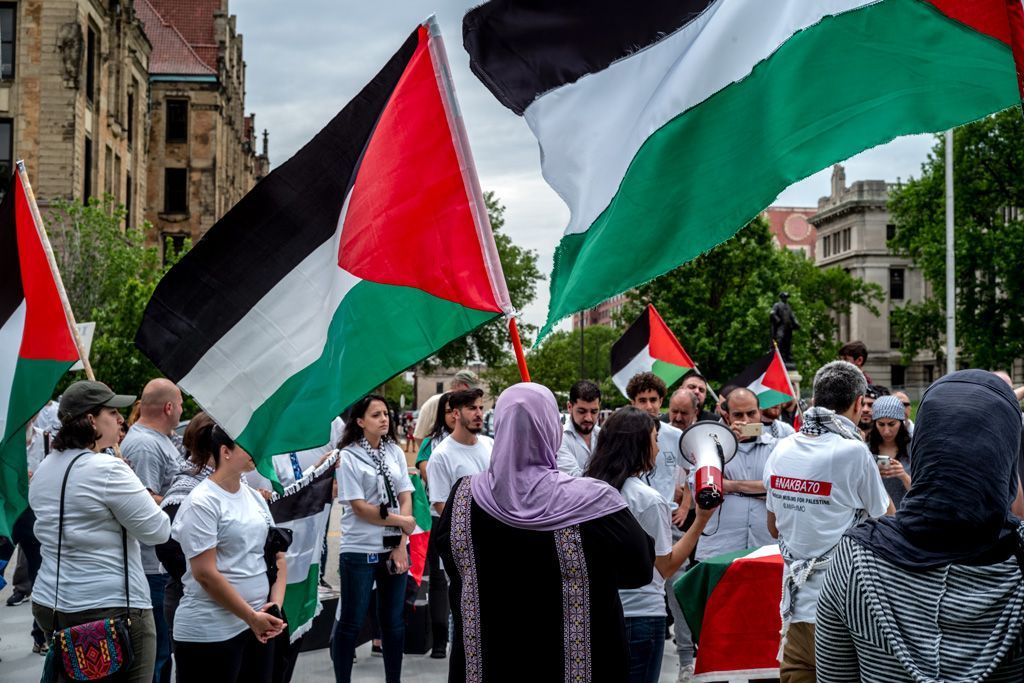 A demonstration in front of St. Louis City Hall and a march down Market Street to call attention to the genocide and war crimes being committed against the Palestinian people. The event was largely sponsored by The Council on American-Islamic Relations (CAIR), but attended by allies from all major religions. Photographed May 14, 2018. 
