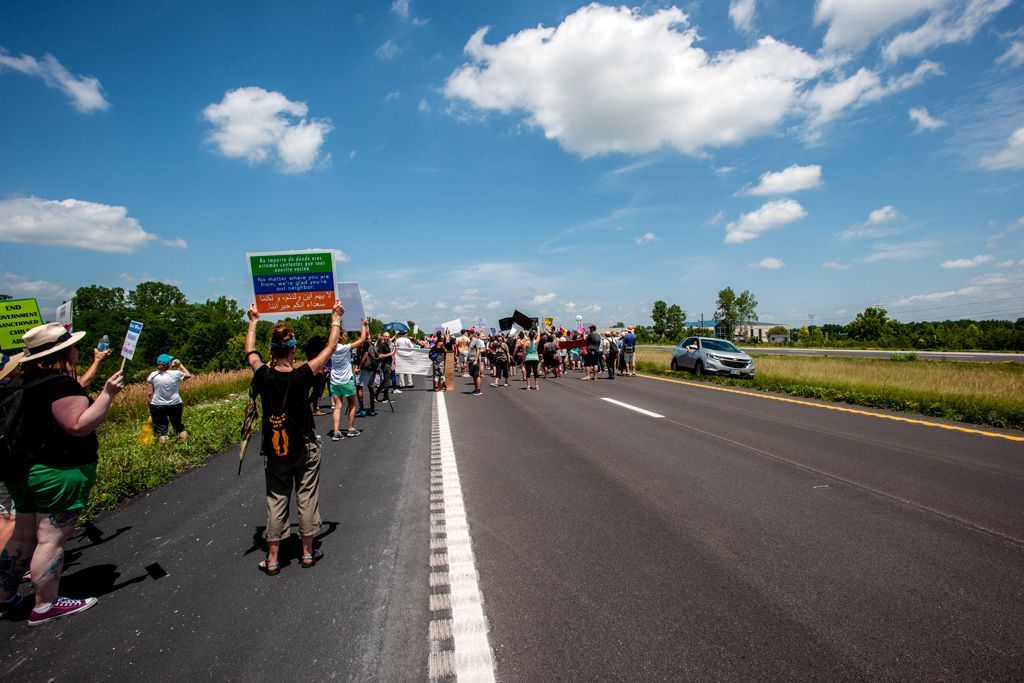 A view of the highway blockage during the ICE protest in Troy, Missouri. With the cooperation of the Highway Patrol, the shutdown of the highway was safe and fairly brief. It was an effective attention getter to what ICE was doing by separating families, sometimes as much as 1,000 miles away from each other. Photographed June 30, 2018.