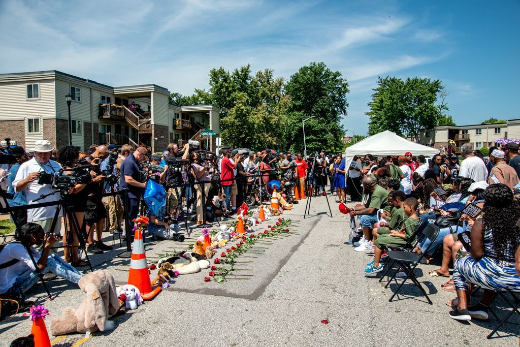 From the 5th anniversary memorial for Michael Brown, Jr., showing the actual spot where the young unarmed youth was murdered by a Ferguson, Missouri, police officer on Canfield Drive. Photographed August 9, 2019.