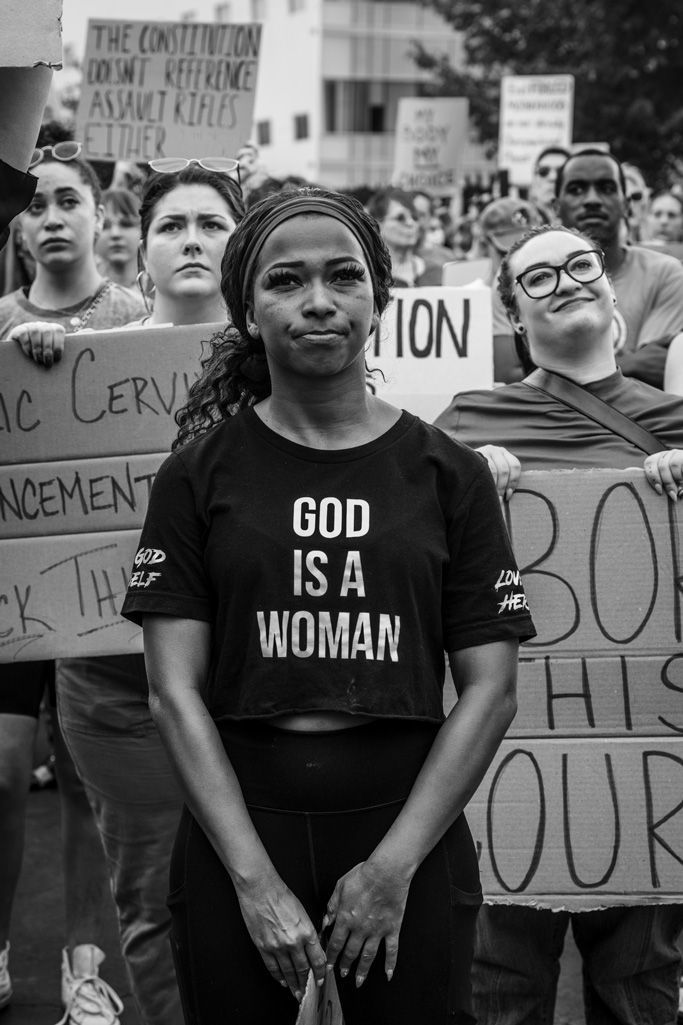 God Is A Woman: This image was created just one hour after the U.S. Supreme Court announced that Roe v Wade had been overturned. Women’s Reproductive Rights advocates gathered at the Planned Parenthood Offices in St. Louis’ Central West End to express their outrage and disagreement with the decision, launching efforts to make abortion safe and legal in Missouri via referendum. Photographed on June 24, 2022.