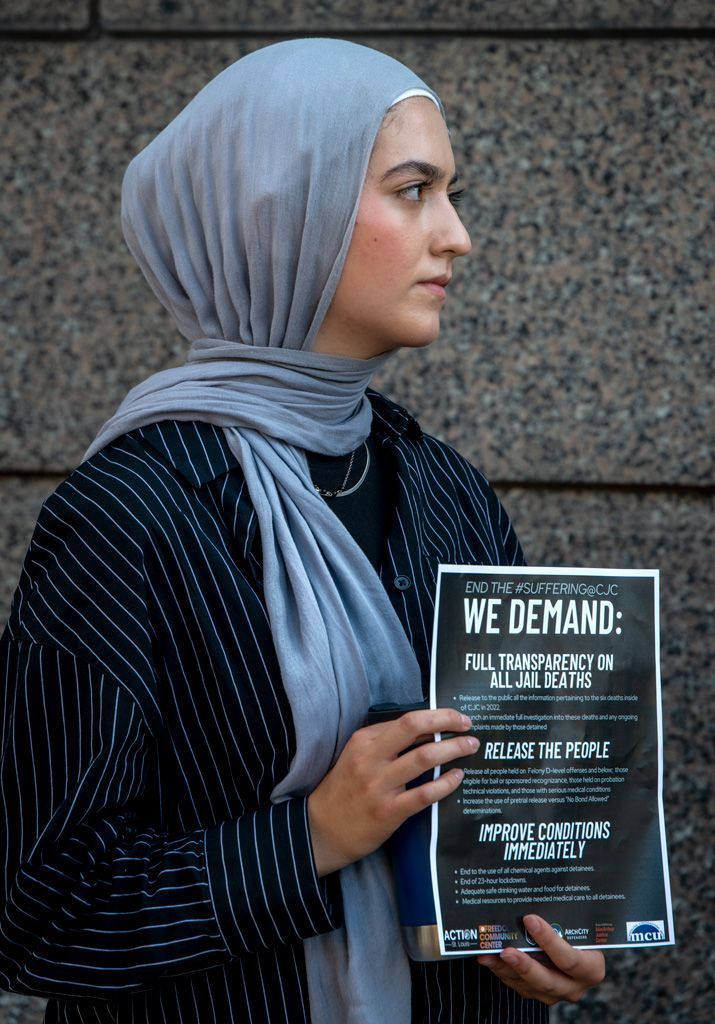 St. Louis’ jails are infamous for the number of deaths, serious illnesses, and brutal treatment at the hands of jailers. Over the years, many efforts have been made to address these situations, and although some progress has been made, those who are detained in the City’s one remaining jail still face risks. This young woman was one of many who showed up to make demands for improvements to their loved ones, friends, neighbors, or people they do not know, can face due process without serious injury or death. Photographed on September 19, 2022. 