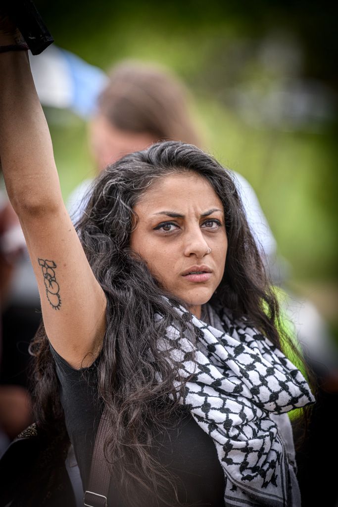 When Israel continued its relentless attacks on Gaza and land theft in the West Bank, local Palestinians, Muslims, even Jews and Christians, as well as other allies came out to St. Louis’ Forest Park to protest the campaign of demolition, killing, and starving by Zionists. This continues today. Yet, a large part of the world has turned a blind eye similar to what happened when the Nazi’s were exterminating the Jews in Europe in the 1940’s (holocaust). History repeats itself, but in America, the First Amendment allowed dissent as this woman demonstrates. Photographed on April 27, 2024.