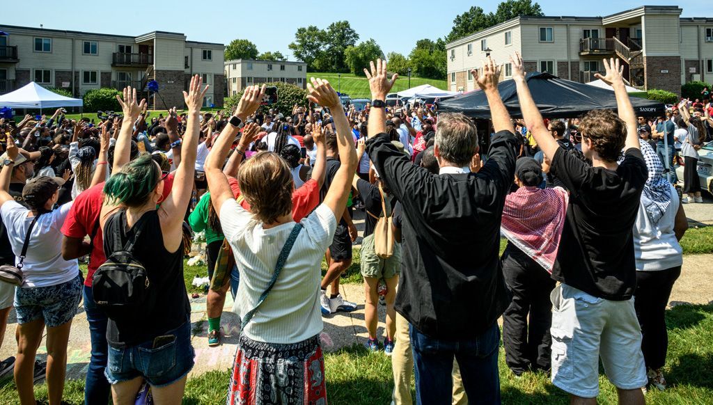 On the 10th anniversary of murder of Michael Brown, Jr. the crowd chanted, held moments of silence, vowed to fight against this type of injustice in America ever again, and prayed. Photographed August 9, 2024.