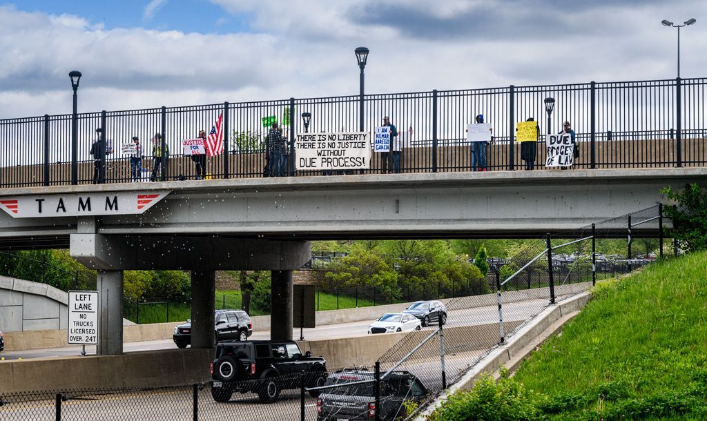 The Tamm Avenue overpass connects the Dogtown neighborhood to the St. Louis Zoo in Forest Park over I-64, a heavily-traveled highway. On this day, Bring Kilmar Abrego Garcia Home was the topic of their free speech — alerting other St. Louisans of the illegal abductions of immigrants and citizens by ICE, per the orders of the Trump administration. Photographed April 26, 2025. 