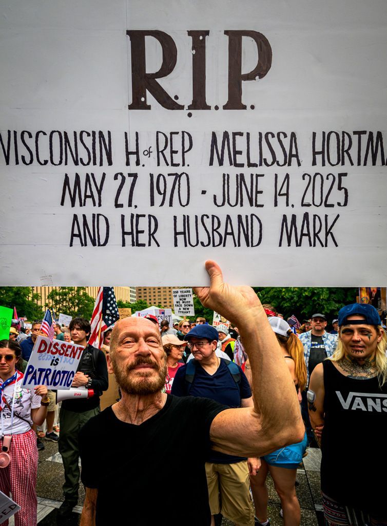 This is from the first “No Kings” rally, held in downtown St. Louis. It began in Keener Plaza, then thousands of protesters marched from Broadway up Market Street to Tucker heading north to Washington, and then back down Broadway to express their dissent against the Trump administration’s policies and lawless behavior. Photographed June 14, 2025. 