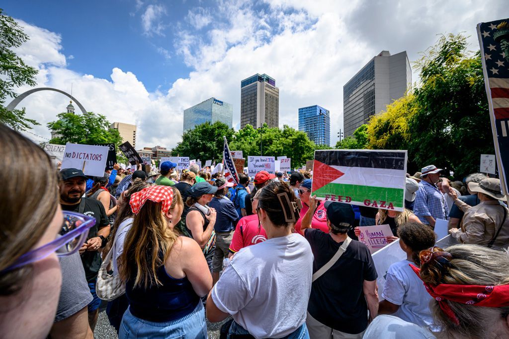 The crowd attending the first “No Kings” protest in downtown St. Louis occupied the entire area of Kiener Plaza shoulder to shoulder, then spilled out into the City Garden west of the Plaza, and onto the side streets adjacent Kiener Plaza. While chanting was loud, and emotions high, the protest was peaceful and orderly with many guest speakers from politicians, to activists, to heads of organizations working for civic progress. Photographed June 14, 2025.