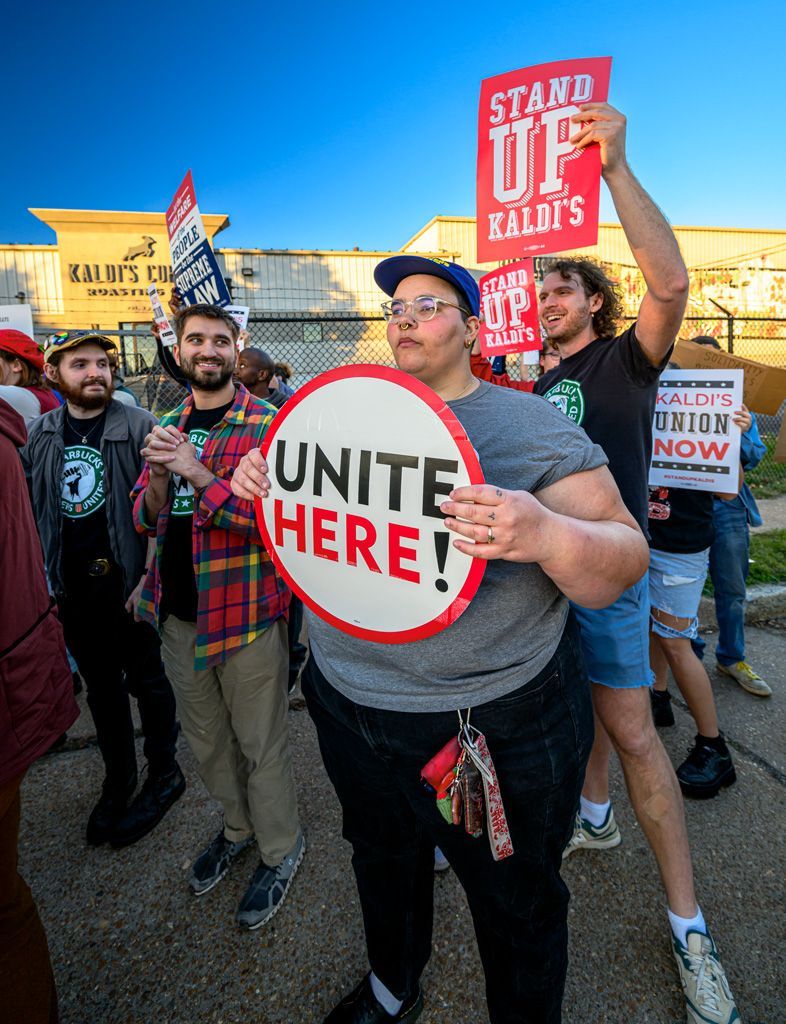 When workers at a local coffee house chain in St. Louis held a vote and petitioned to form a union, the company just ignored them. That caused a protest in front of company headquarters by an energetic group of employees, local union leaders, and the public who support collective bargaining rights. The baristas and café workers are mostly young and often work two jobs, so things like receiving schedules earlier so they can juggle their work commitments, higher pay so maybe they won’t need a second job, better and safer working conditions, and a voice at the table mean a lot to them. Photographed on November 5, 2025. 