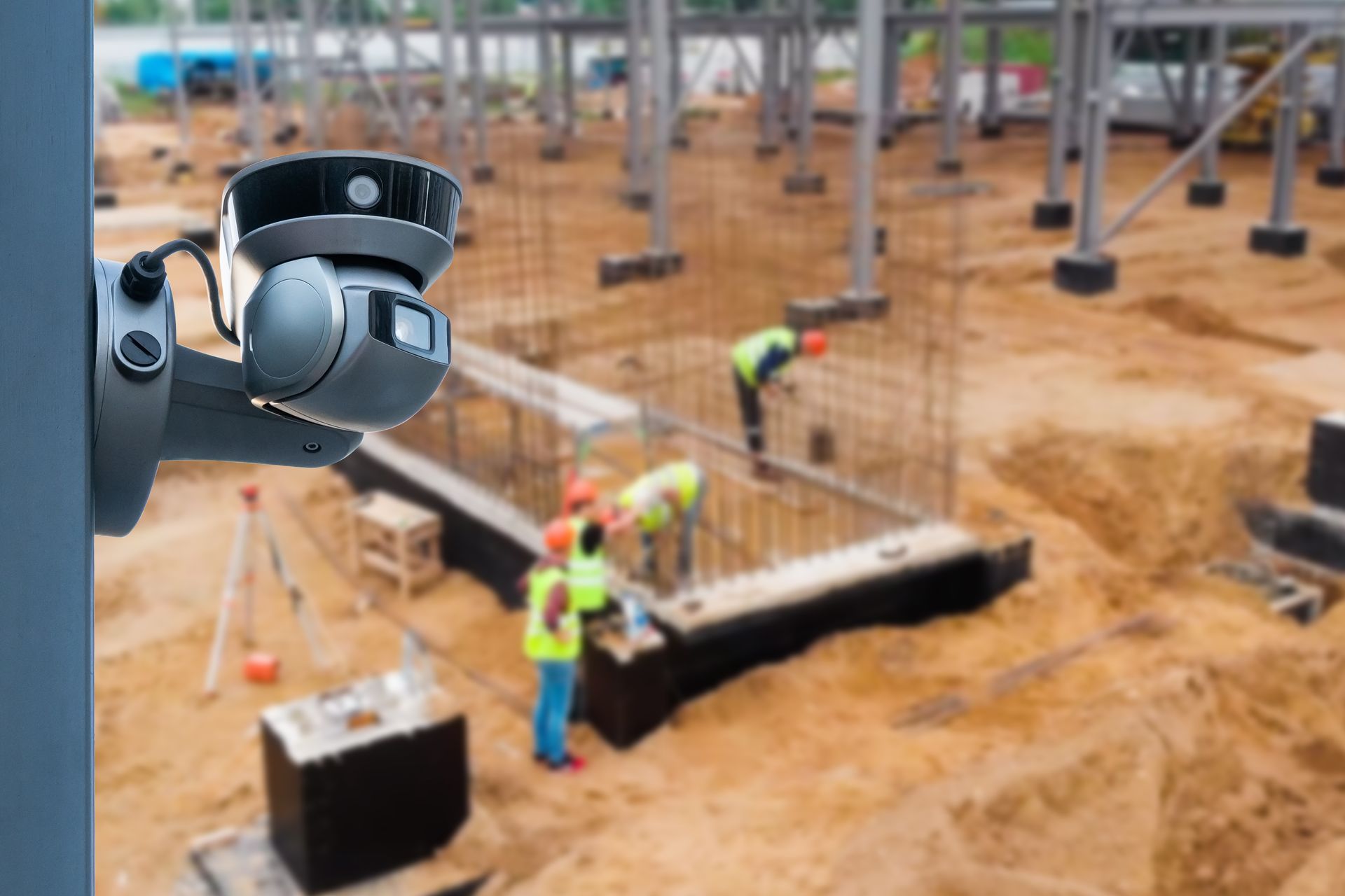 Une caméra de sécurité est installée au sommet d'un chantier de construction.