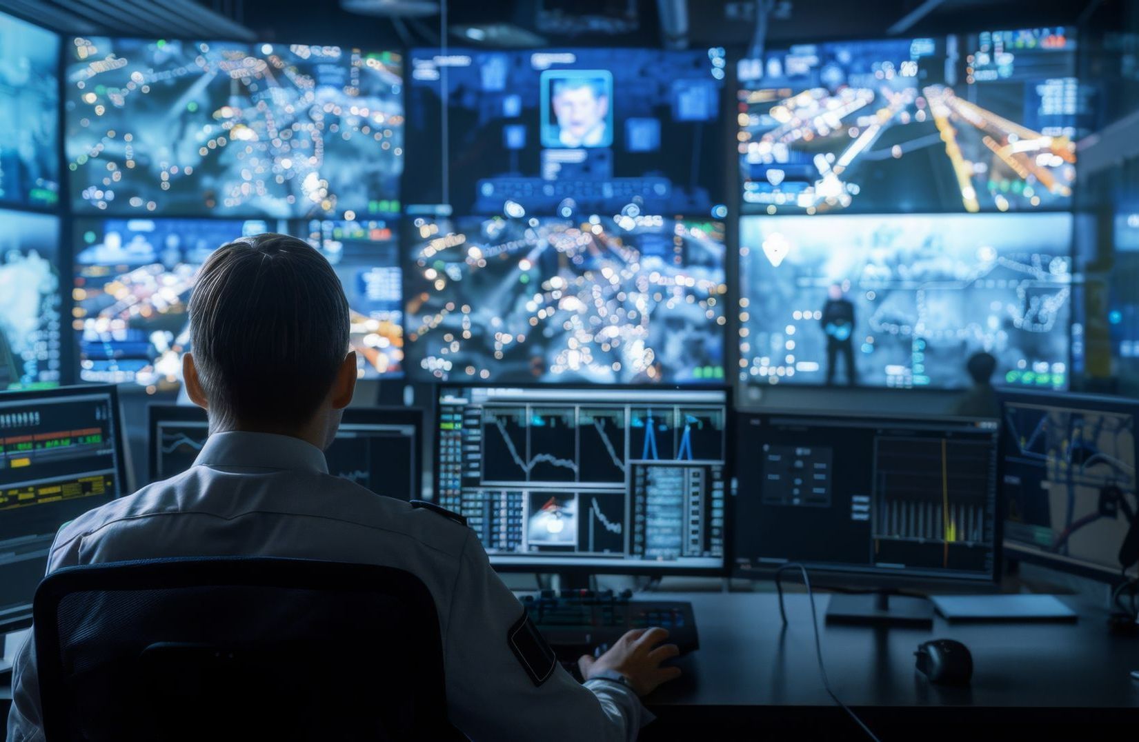 Un homme est assis devant un écran d'ordinateur dans une salle de contrôle.