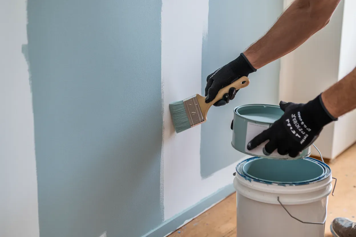 A person is painting a wall with a brush and a bucket of paint.