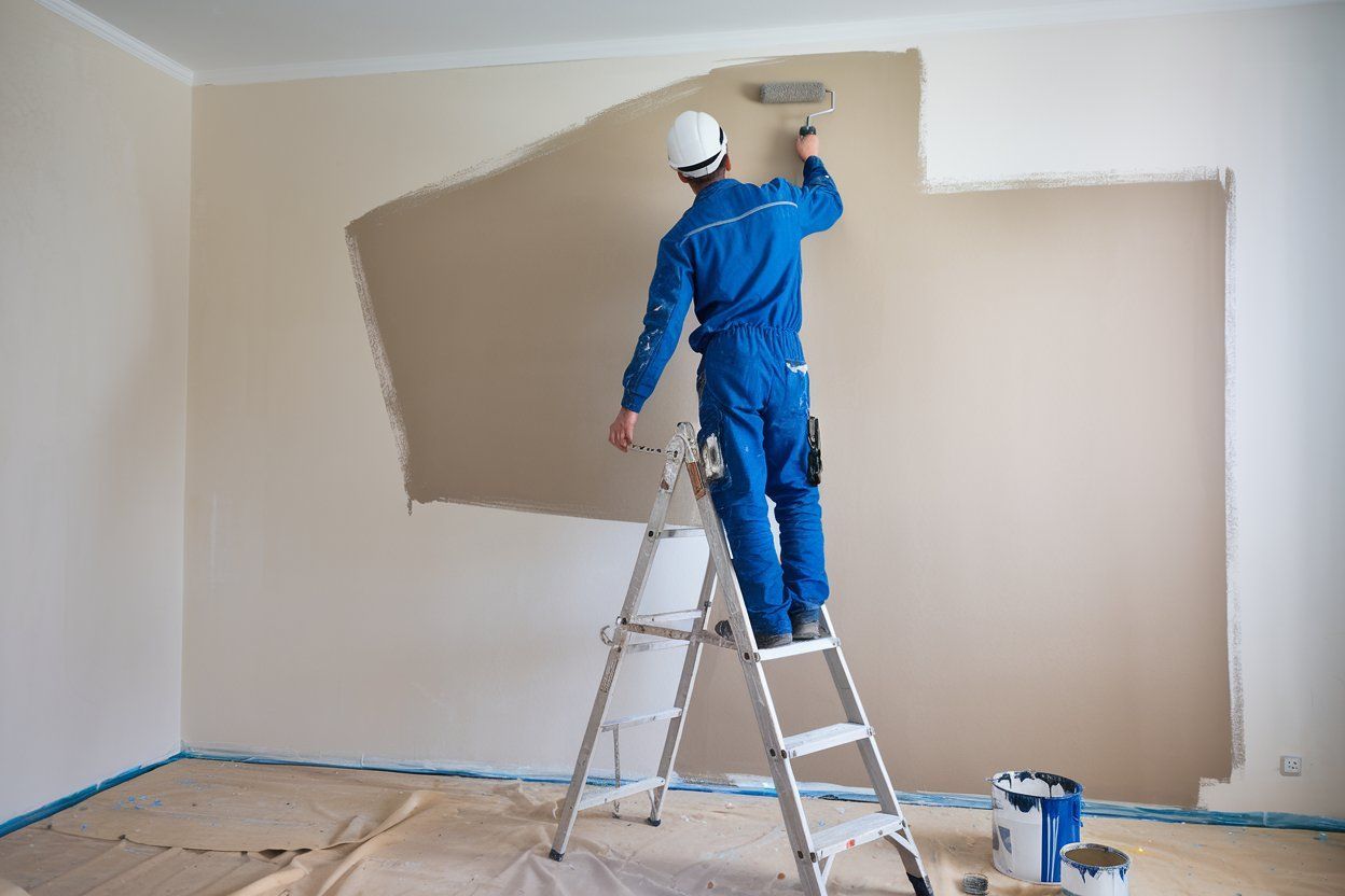 A man is standing on a ladder painting a wall.