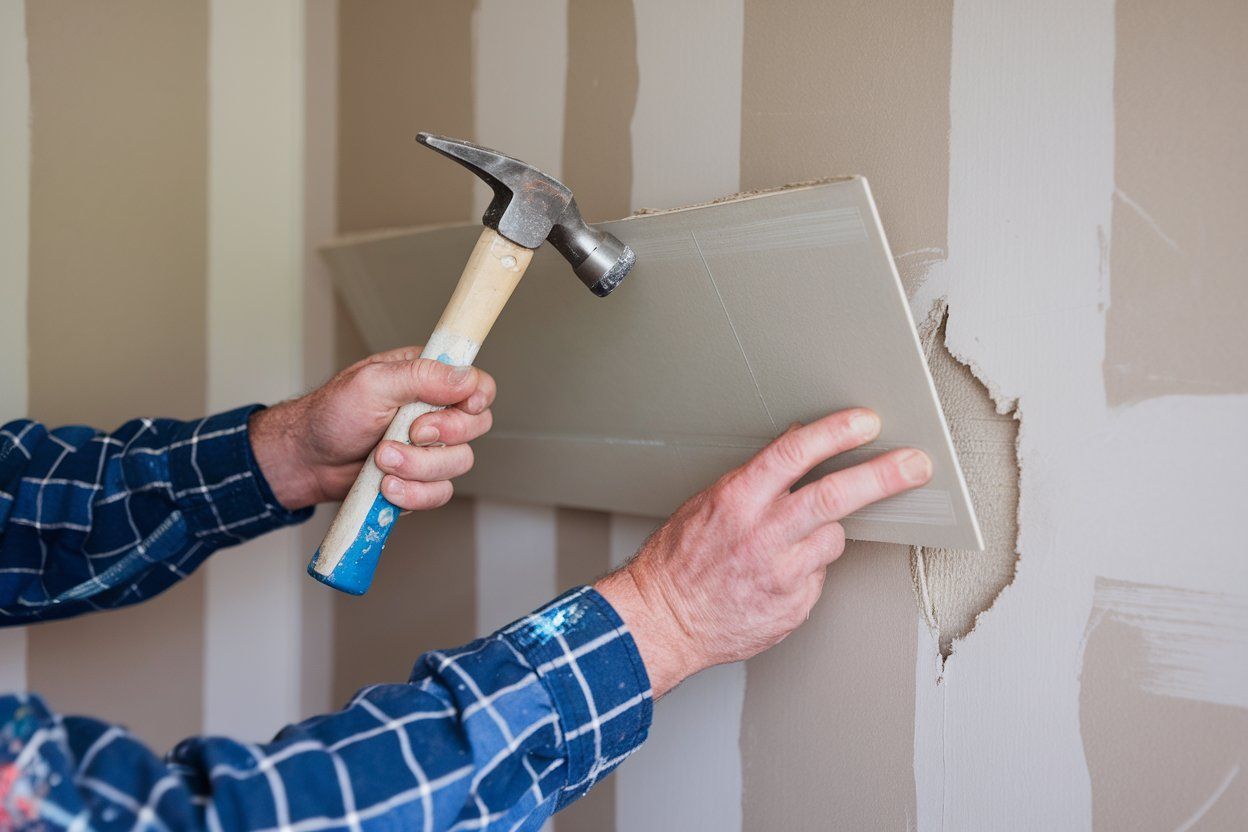 A man is holding a hammer and a piece of drywall.