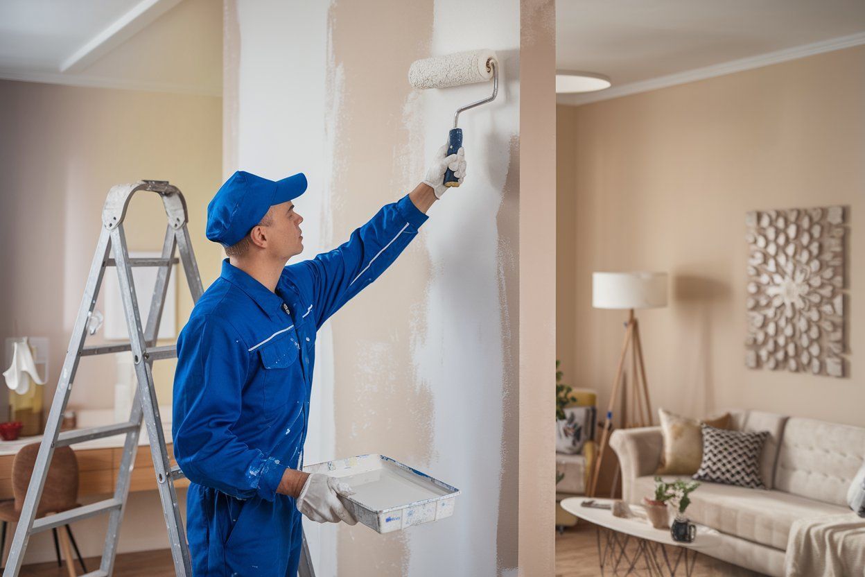 A man is painting a wall in a living room with a paint roller.