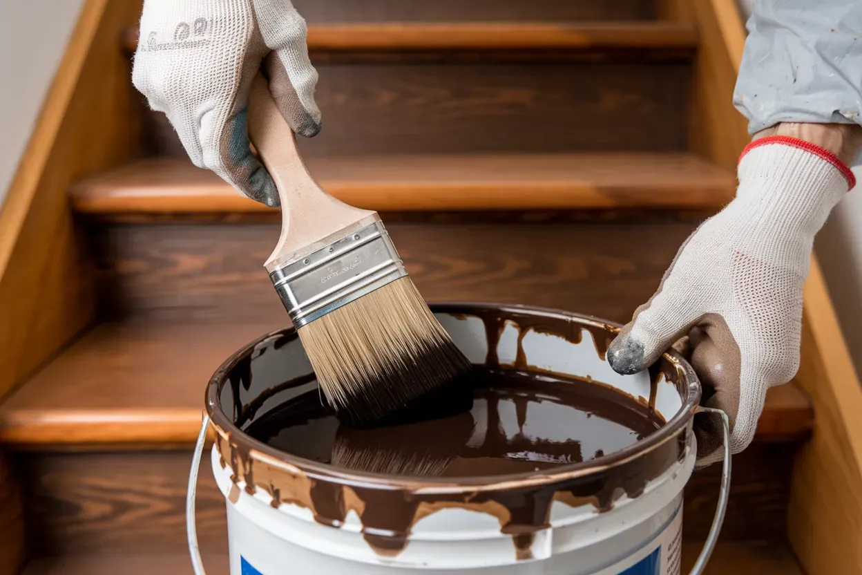 A person is painting a wooden staircase with a brush.