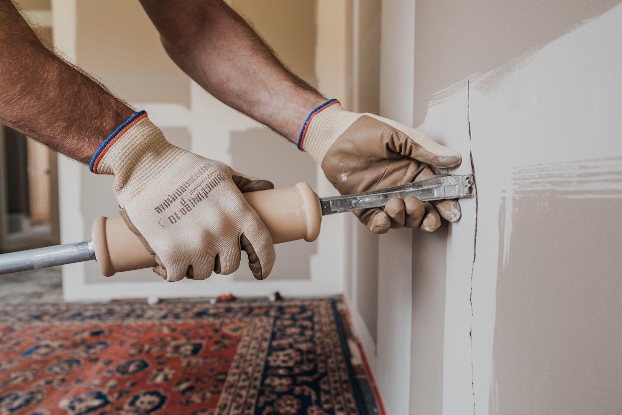 A man is using a spatula to remove a hole in a wall.