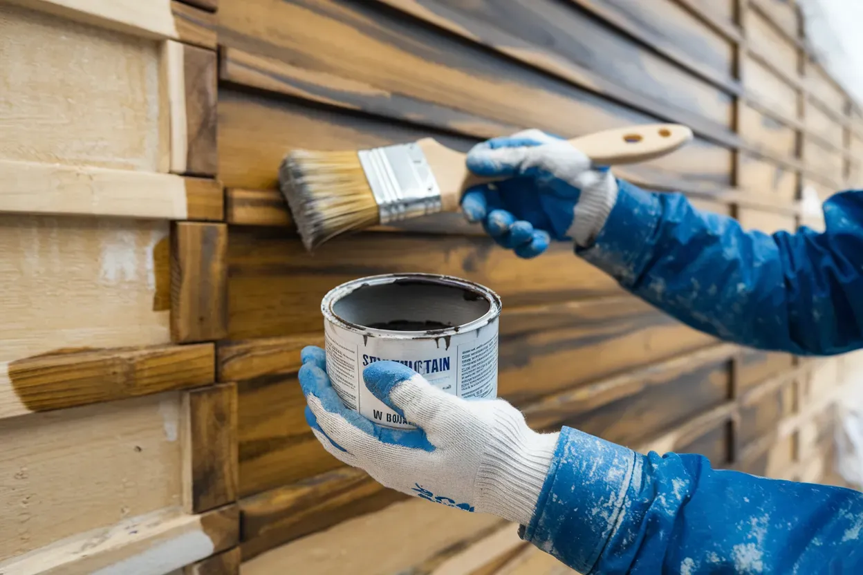 A person is holding a can of paint and a brush while painting a wooden wall.