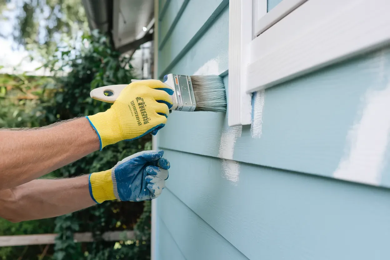 A person is painting a blue house with a brush.