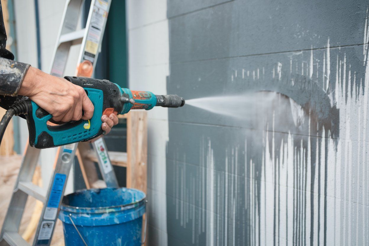A man is using a high pressure washer to clean a wall.