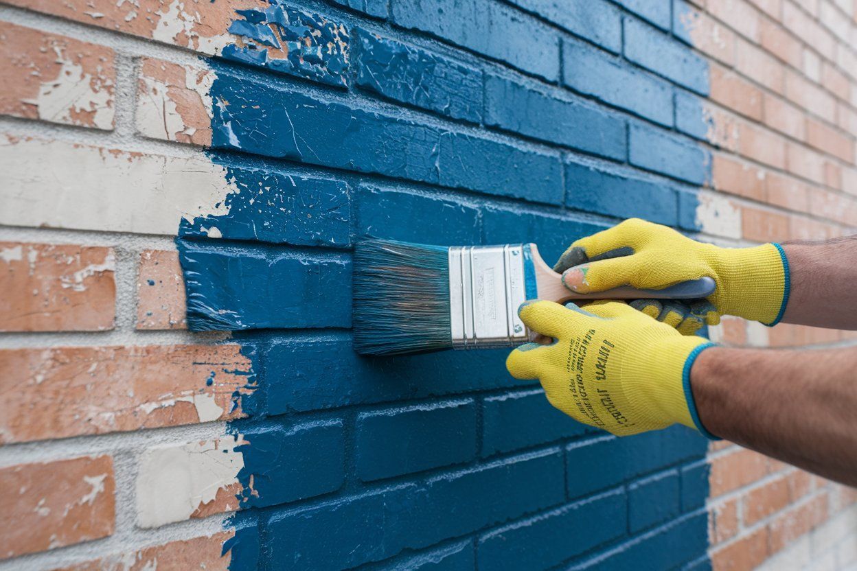 A person is painting a brick wall blue.