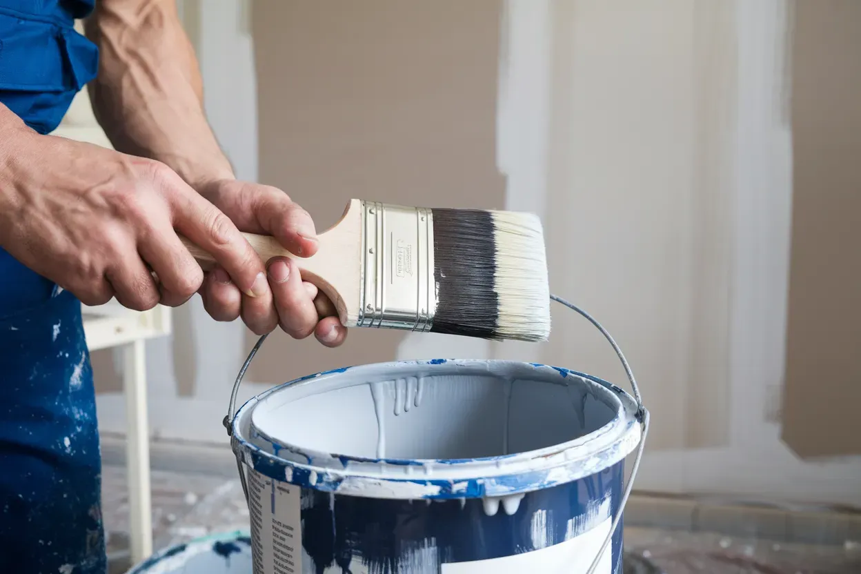 A man is holding a paint brush over a bucket of paint.