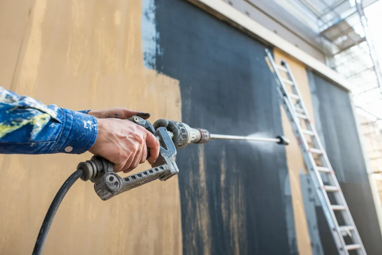 A person is spraying a wall with a high pressure washer.