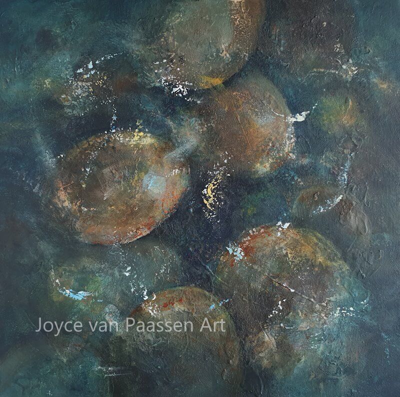 Door rivierwater rondgeslepen stenen.
Semi-Abstract Mixed media Acrylverf