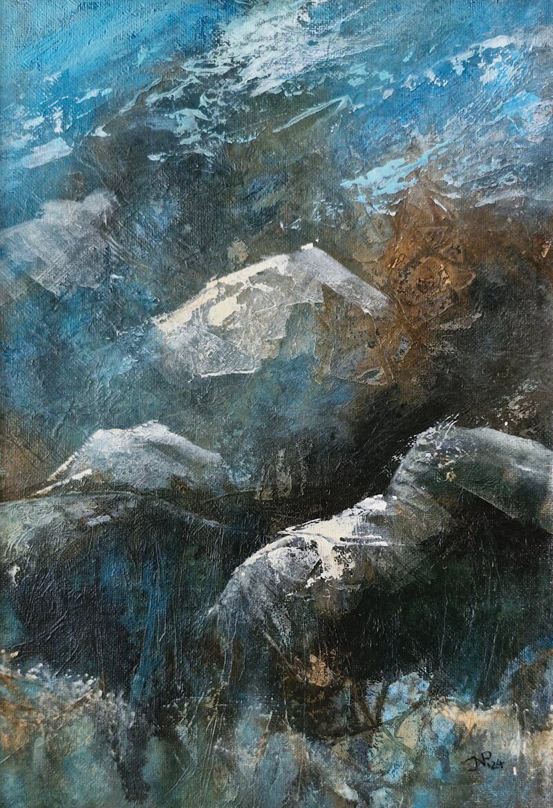 Inspiratie Rocky Mountains Canada
Abstract gemengde technieken; Acrylinkt en acrylverf met paletmes
20x30 cm op canvasboard 