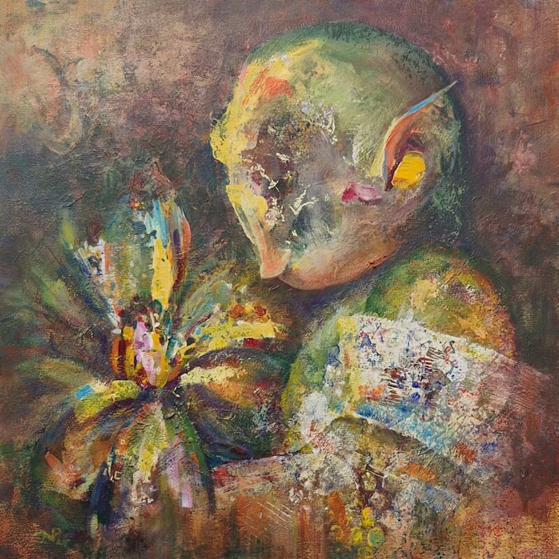 Abstract Mixed media Acrylverf in lagen met paletmes 
30 x 30 cm houtpaneel - € 360,-
Joyce van Paassen Art © 2025
