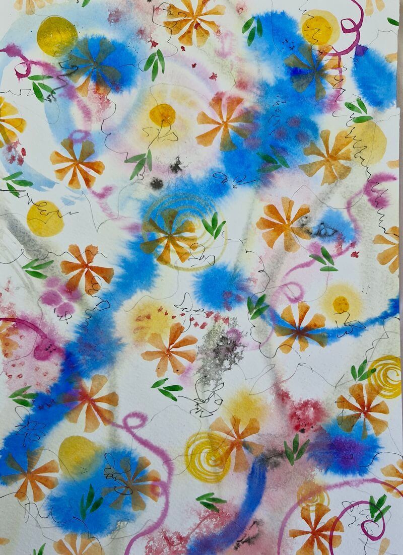 De andere zijde van de houtpaneeltjes, dit keer met aquarelverf en inkt, ook intuïtief in lagen opgebracht.