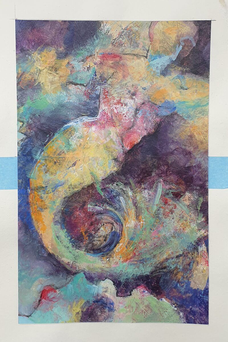 De definitieve versie waarover ik zeer tevreden ben. Ik vind de kleuren mooi. Dat stukje tape  moet er toch echt nog af