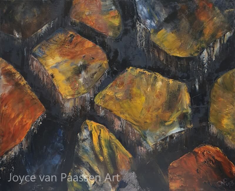 Olieverf; Geinspireerd tijdens een periode van extreme droogte, toen ik de diepe barsten in de aarde zag.
