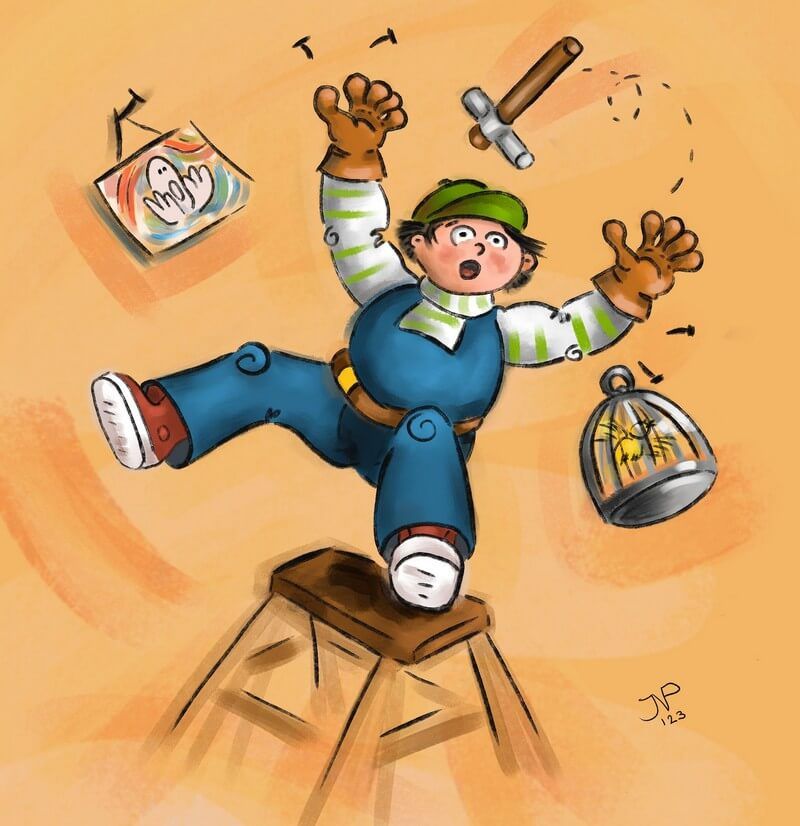 Illustratie in opdracht. Onderdeel van een serie van 6 illustraties gemaakt bij een kinderliedje over een onhandige, klussende buurman. De illustraties worden gebruikt voor een YouTube video.
Digitaal; Joyce van Paassen © 2024