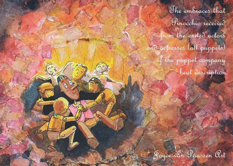 Collage: ondergrond van Gesso met aquarelverf; ecoline en Acrylinkt warme sfeer gecreerd. Het poppenspel is later toegevoegd