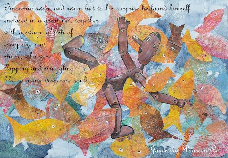 Toen ik als voorbereiding bakpapier kleurde en van prints voorzag, wist ik meteen dat dit prachtige vissen zouden worden