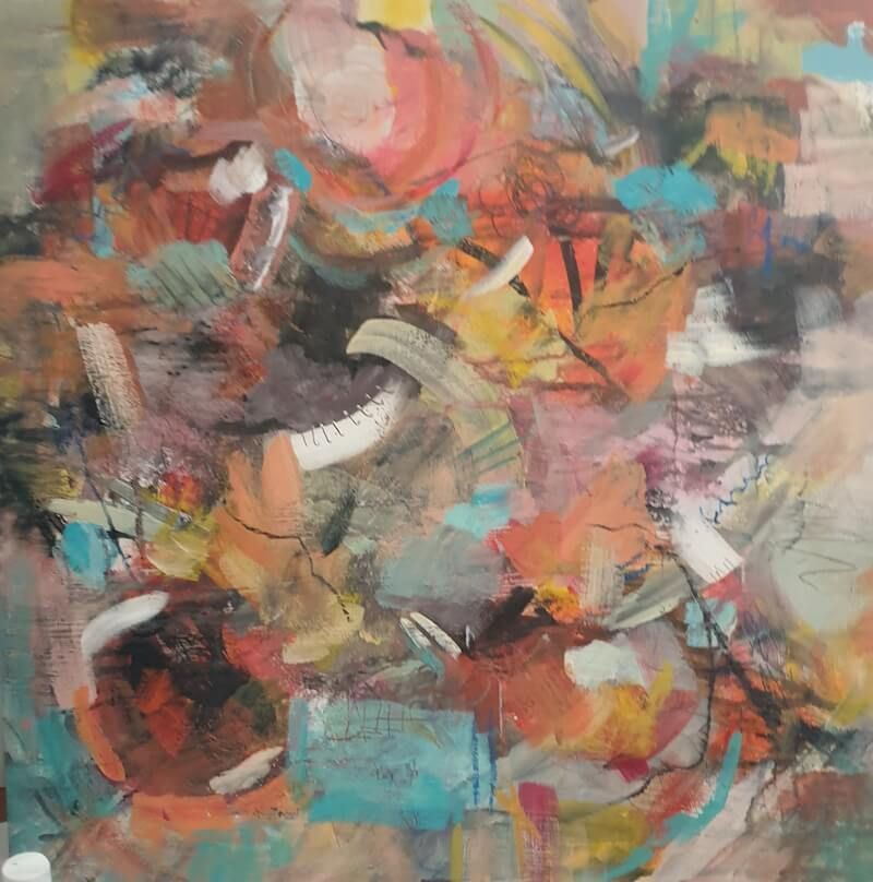 acrylverf Tweede laag, nog steeds spelen maar al wel meer letten op wat ik mooi vind