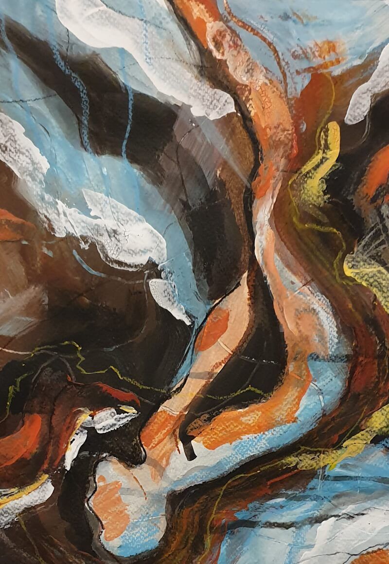 Onderzoeken van oranje en petrol met mixed media