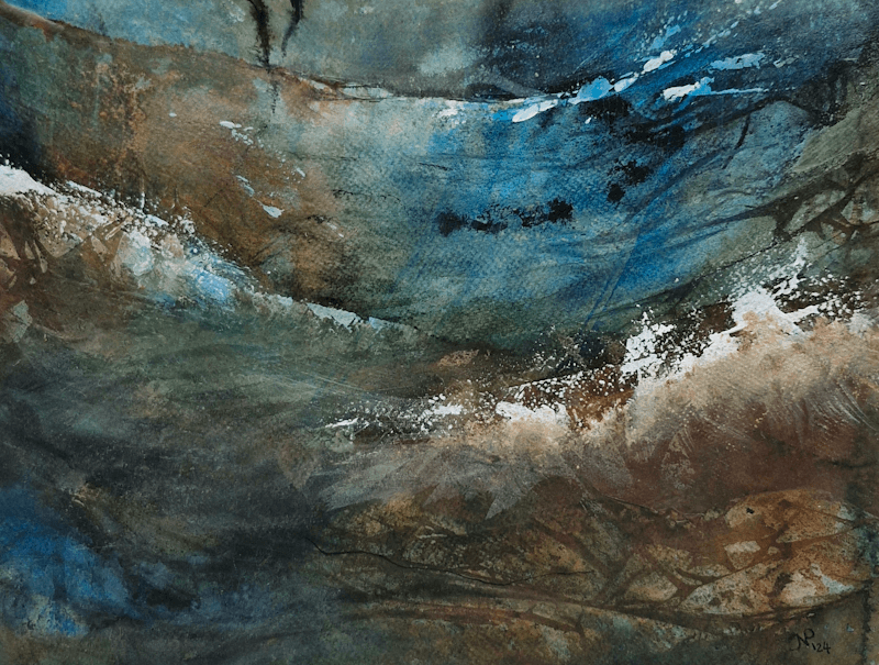 Inspiratie Pacific Ocean Canada
Abstract gemengde technieken; Acrylinkt en acrylverf 
27x35 cm aquarellpapier 